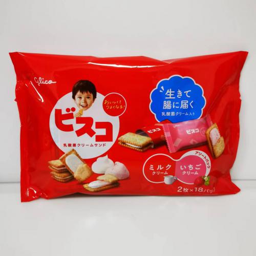 日本格力高袋装牛奶、草莓味什锦夹心饼干（红色袋）154.8g*8包/件